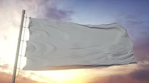 White Flag waving in the wind, sky and sun background. 3d rendering Ilustração Stock