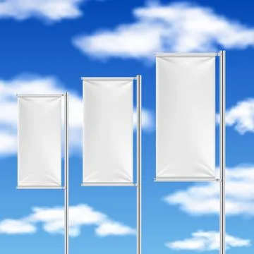 White flags and blue sky. Beach event advertising vector template Stock Illustration