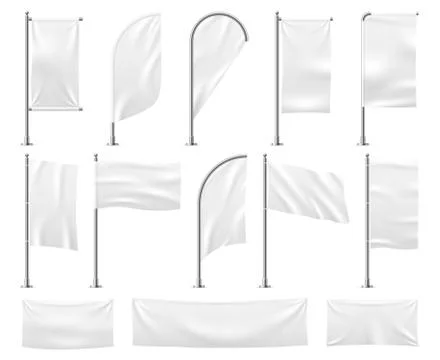 White flags set. Blank banner mockup empty waving fabric canvas poster pennant Stock Illustration