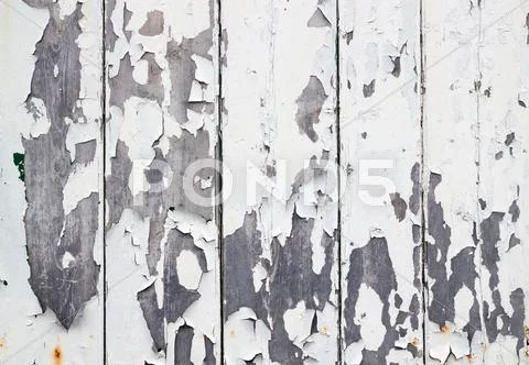 White flaky paint on a old weathered wooden fence. Stock Photos