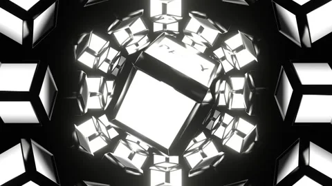 White Flashing Rotating Cube with Text Party Background VJ Loop in 4K Stockbeeldmateriaal 346813402