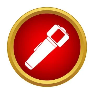 White flashlight icon symbolizing portable illumination in red circle Ilustração Stock