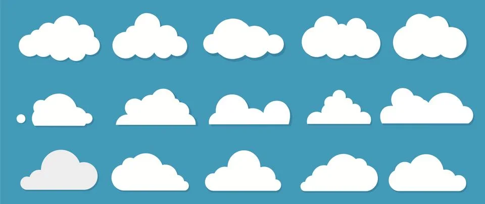 White flat clouds collection on the blue background. Vector Stock Illustration
