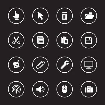 White flat computer and technology icon set with circle frame Stock Illustration