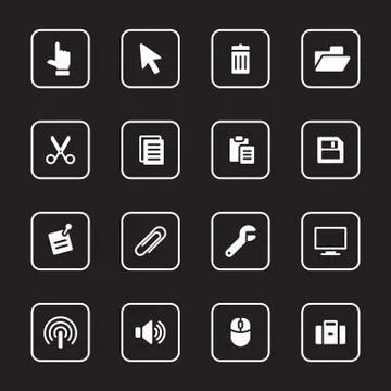 White flat computer and technology icon set with rounded rectangle frame Stock Illustration