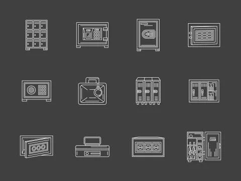 White flat line metal locker and safe vector icons Illustrazione stock