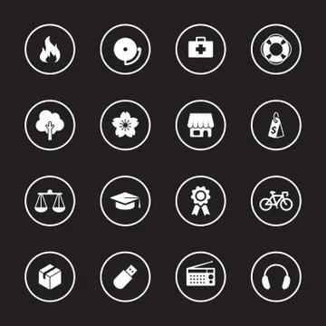 White flat miscellaneous icon set with circle frame Stock Illustration