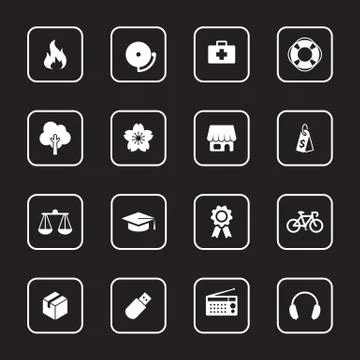 White flat miscellaneous icon set with rounded rectangle frame Stock Illustration