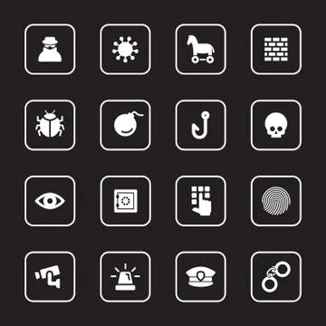 White flat security icon set with rounded rectangle frame Stock Illustration