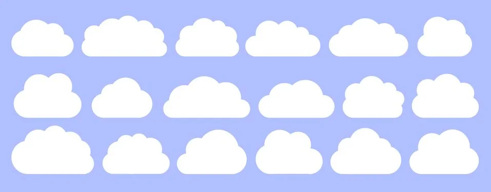 White flat vector cloud set isolated on blue Stock Illustration