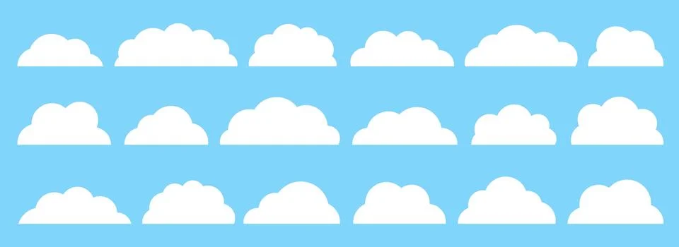 White flat vector cloud set isolated on blue Stock Illustration