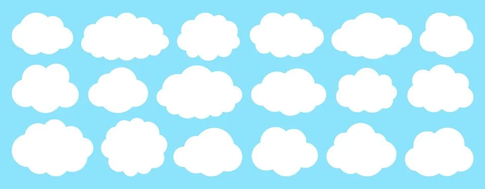 White flat vector cloud set isolated on blue Stock Illustration