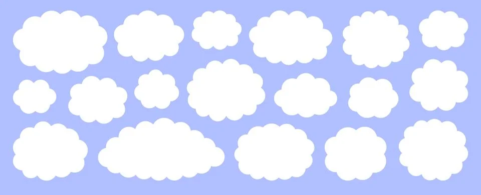 White flat vector cloud set isolated on blue Stock Illustration