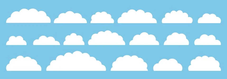 White flat vector cloud set isolated on blue Stock Illustration