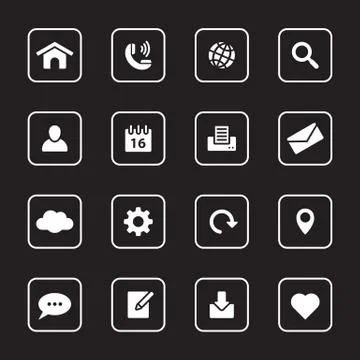 White flat web and technology icon set with rounded rectangle frame Stock Illustration