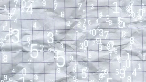 White Floating Numbers Overlay on Crumpled Grid Paper Abstract Background Stock Footage 342624630