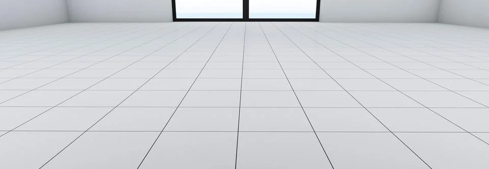White floor with ceramic tiles in perspective. A room with a window on the floor Stock Illustration