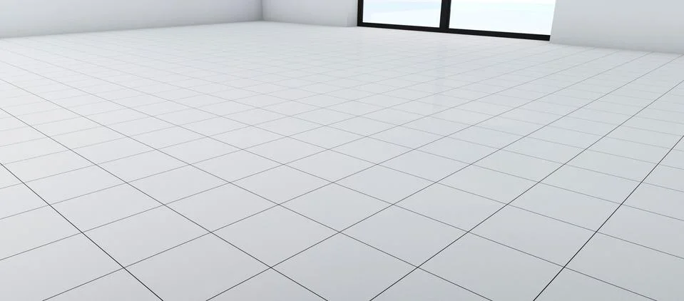 White floor with ceramic tiles in perspective. A room with a window on the floor Stock Illustration