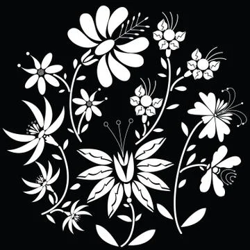 White  Floral folk pattern in circle shape on black  background Stock Illustration