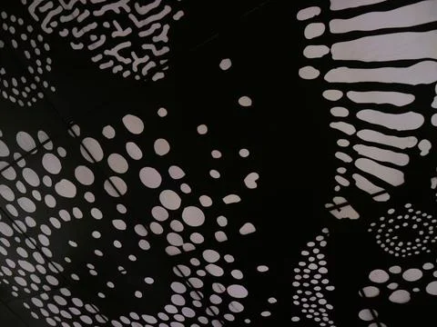 White floral patterns on black background with geometric designs Foto stock