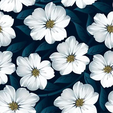 White floral seamless pattern with blue leaves Stock Illustration