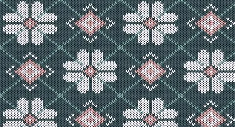 White flower and square seamless knitting pattern, Festive Sweater Design. Se Stock Illustration