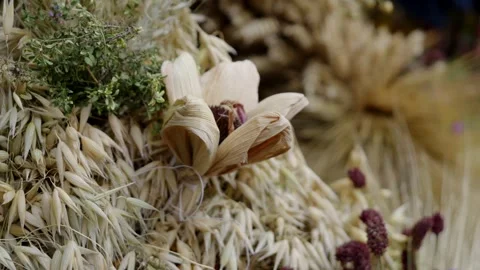 White Flower and Wheat Decoration at a Traditional Harvest Festival Stock Footage 346905076