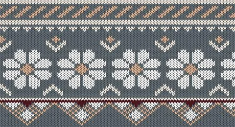 White flower on gray knitted pattern, Festive Sweater Design. Seamless Knitte Stock Illustration