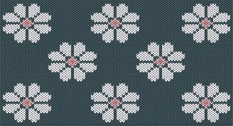 White flower on green knitted pattern, Festive Sweater Design. Seamless Knitt Stock Illustration
