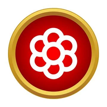 White flower icon on red circle button with gold border 스톡 일러스트