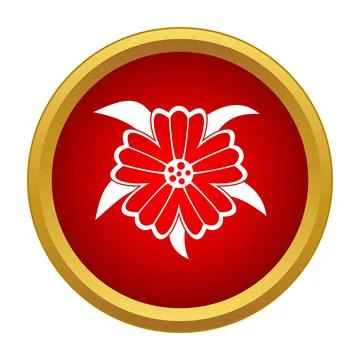 White flower icon on red circle button with gold frame Stock Illustration