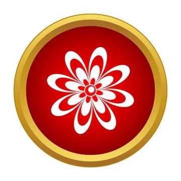White flower icon on red circle with gold ring Illustrazione stock