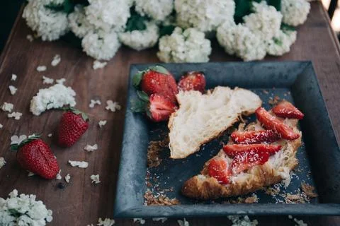 White, flower, plate, bread, red, food, strawberry, fruit Stock Photos