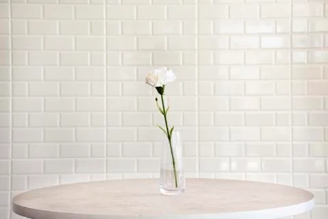 White flower on table with white wall background of coffee shop and restauran Fotos de archivo