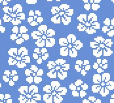 White flowers on a blue background ,pixel art,seamless background Stock Illustration