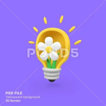 White flowers grow inside the light bulb isolated 3d render icon illustration PSD Template