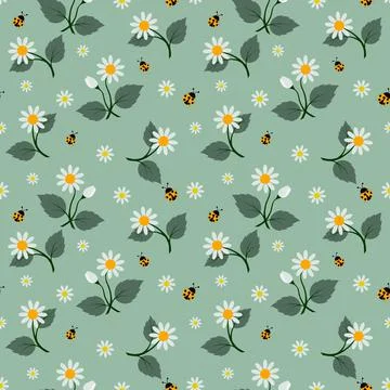 White flowers seamless pattern with ladybug on soft green background Stock Illustration