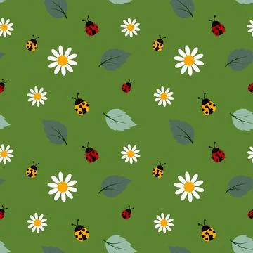 White flowers seamless repeat pattern with ladybug on green background,desing Stock Illustration