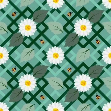 White flowers seamless repeat pattern with ladybug on geometric pastel color, Illustrazione stock