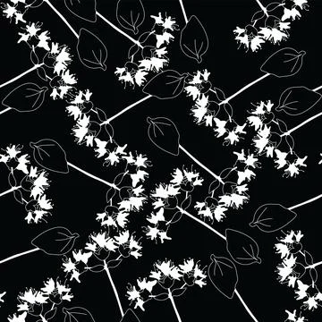 White flowers on a twig with a single leaf monochrome seamless Stock Illustration