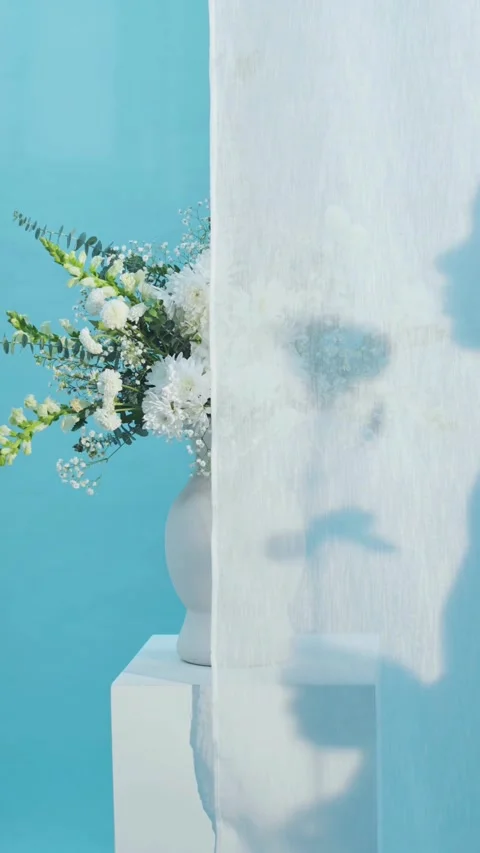 White flowers in vase viewed through sheer white curtain Stock Footage 331773121