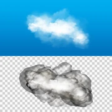 White fluffy cloud on blue sky and gray smoke cloud on white background for.. Stock Illustration