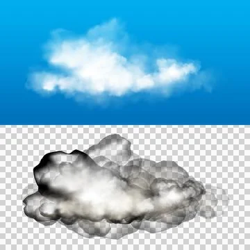 White fluffy cloud on blue sky and gray smoke cloud on white background for.. Stock Illustration