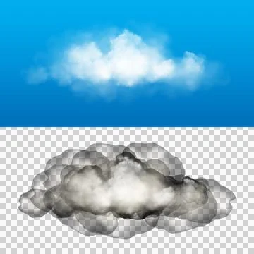 White fluffy cloud floating in blue sky and gray smoke cloud on white backg.. Stock Illustration