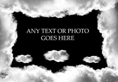 White fluffy cloud shaped frame isolated over solid black background 스톡 일러스트