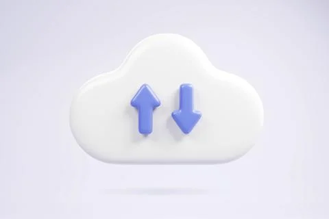 White fluffy cloud with upload icon isolated over light purple background. 3D Stock Illustration
