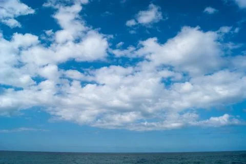 White fluffy clouds, like blond-haired horses, fly across the sky above a blue Stock Photos