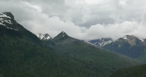 White fluffy clouds over green dense forest mountain Stock Footage 97608581