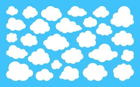 White fluffy clouds sky cumulus weather flat set Stock Illustration