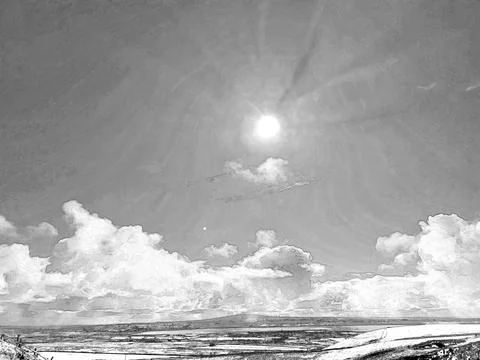 White fluffy clouds in the summer sky and natural landscape background, pen.. Stock Illustration